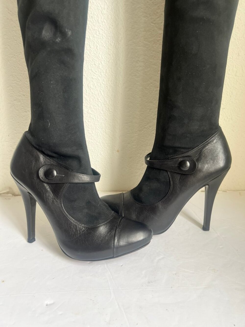 VINTAGE EL DANTES THIGH HIGH LEATHER SUEDE HIDDEN PLATFORM BOOTS SZ 37 / 7 US - Picture 2 of 9